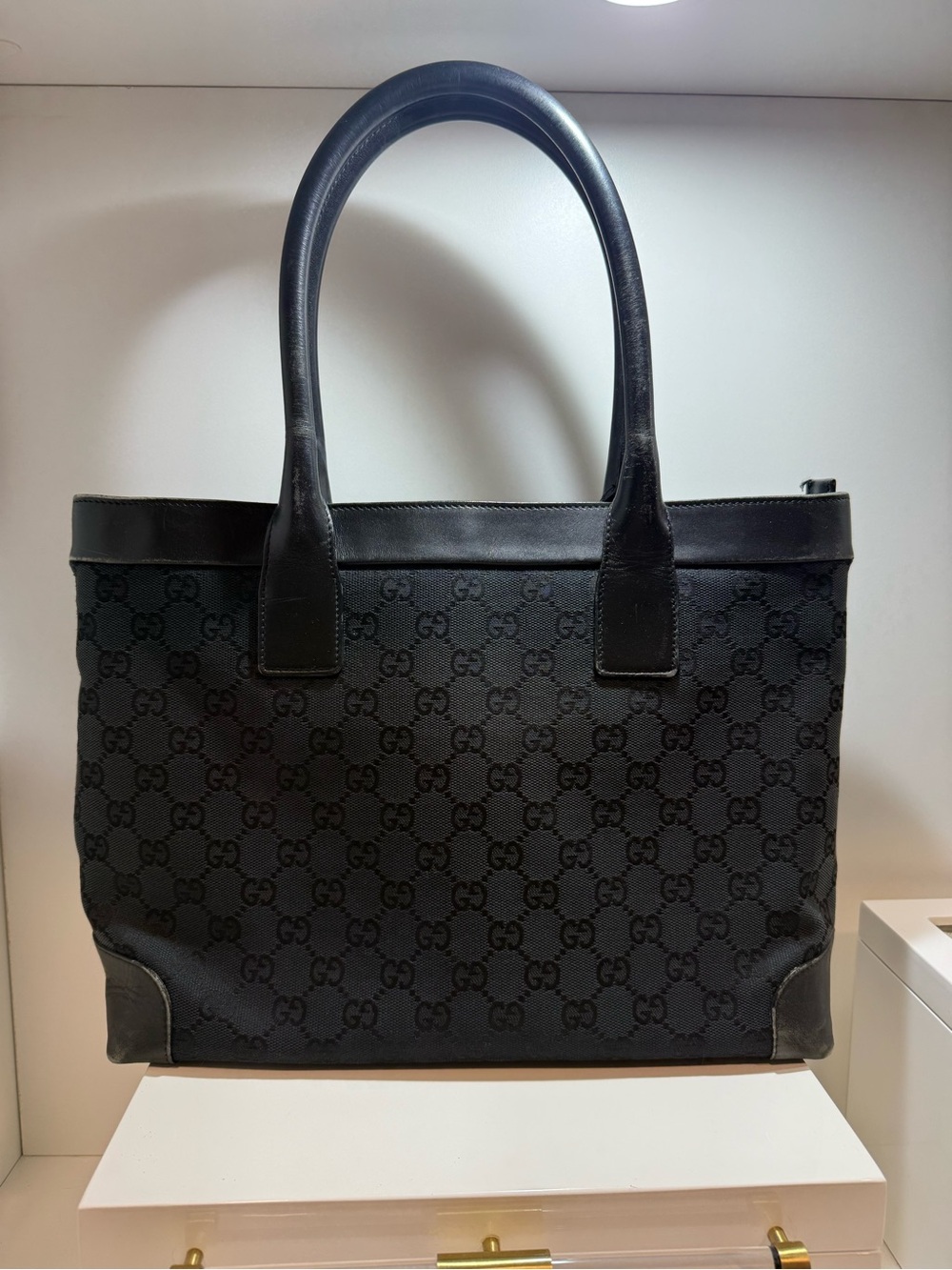 Gucci Black GG Canvas and Leather Tote Bag